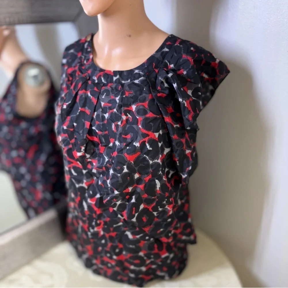 Michael Kors Black and Red Ruffled Cap Sleeve Blouse
